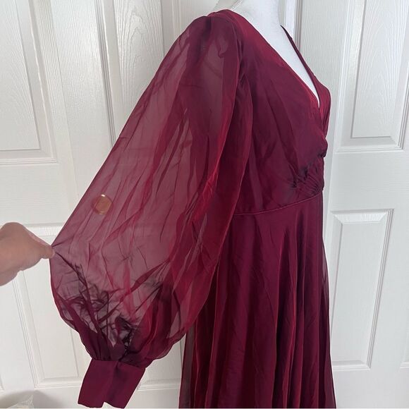 Mac Duggal Deep Garnet Sheer Blouson Sleeve Surplice Gown Size 12 NEW MSRP $398 - Picture 5 of 9